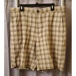 IZOD Chino Shorts Mens 36 Beige Plaid 55%‎ Linen 45% Cotton Golf Casual